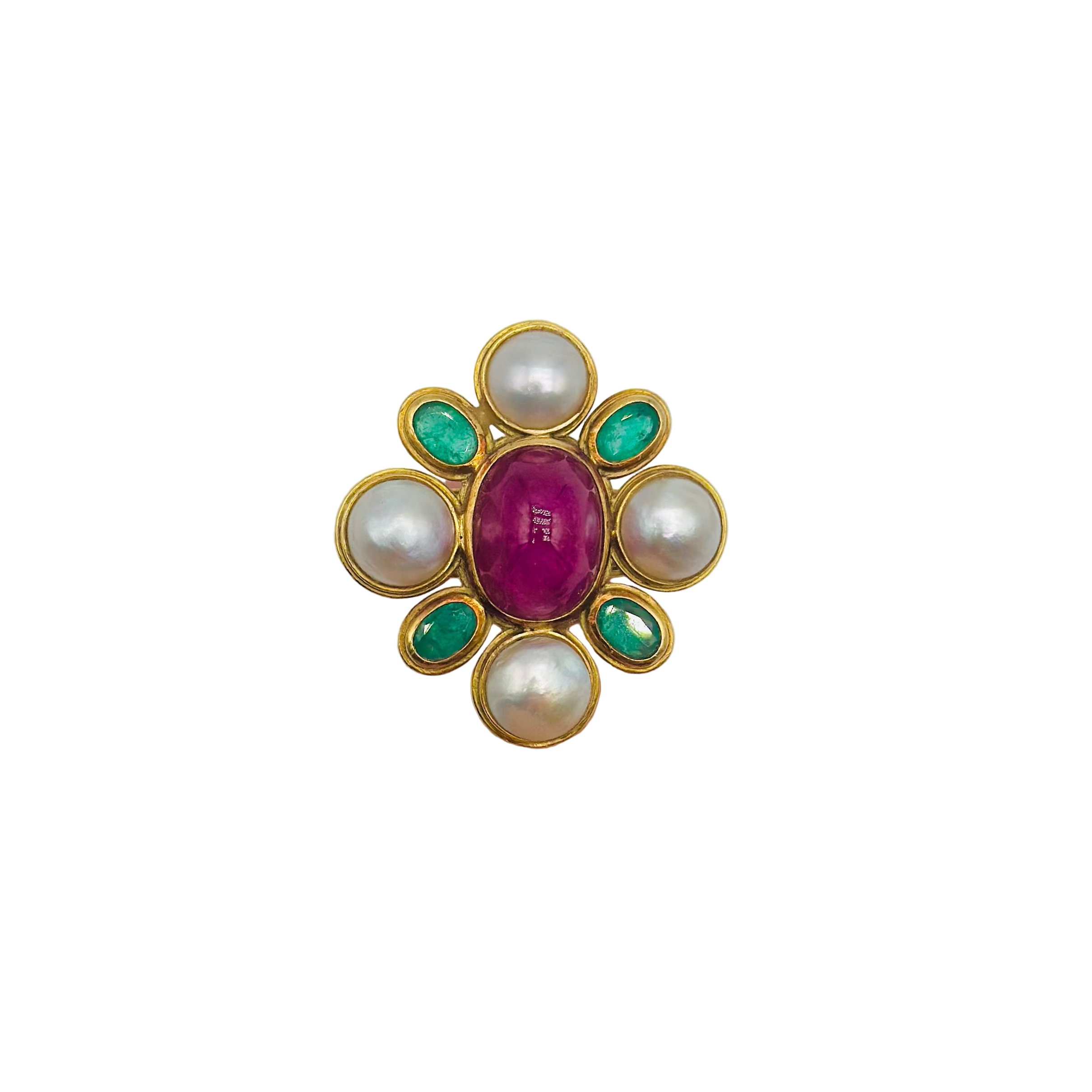 Bague Cocktail en or jaune, rubis, perles et émeraudes