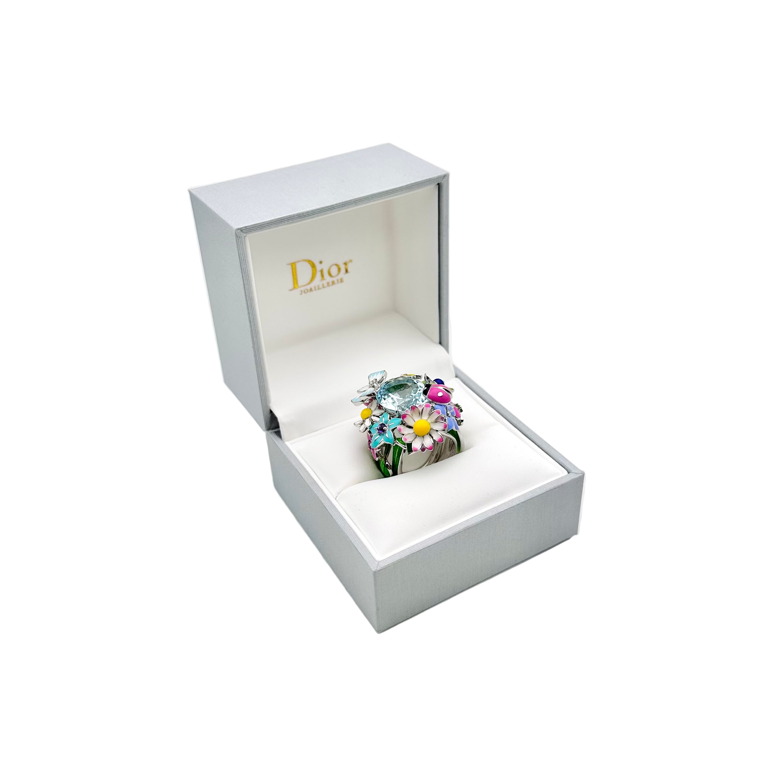 Bague Cocktail DIOR Diorette Milly-la-forêt en or blanc, aigue-marine, émail, améthyste, saphir, grenat et diamant