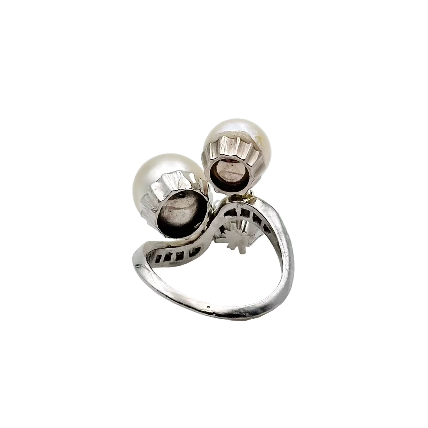 Bague Toi & Moi en or blanc, perles de culture et diamants