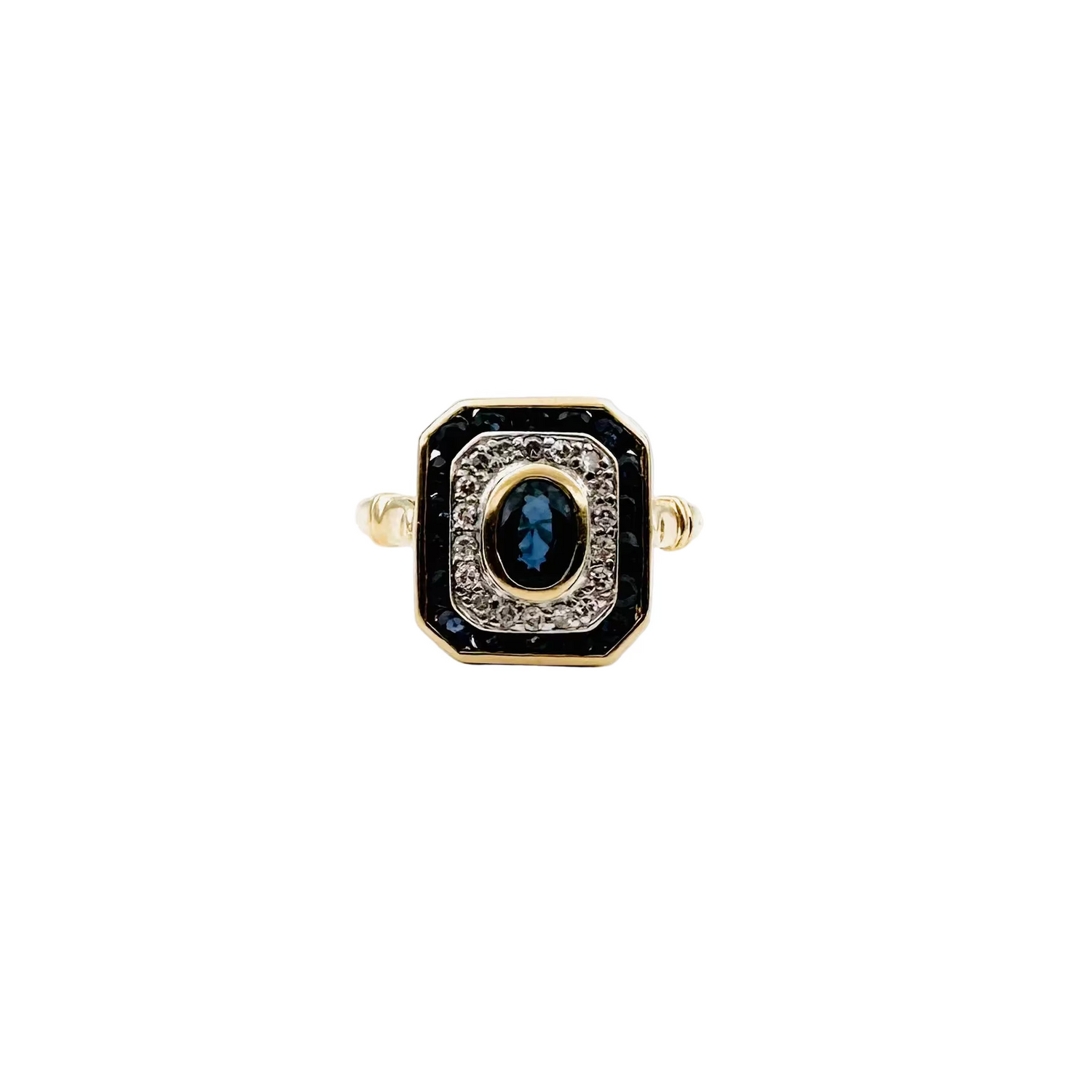 Bague Entourage en or jaune, saphirs et diamants