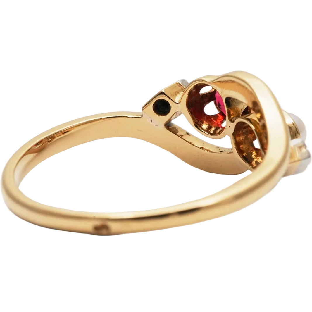 Bague Toi & Moi en or jaune, perle, rubis et diamants