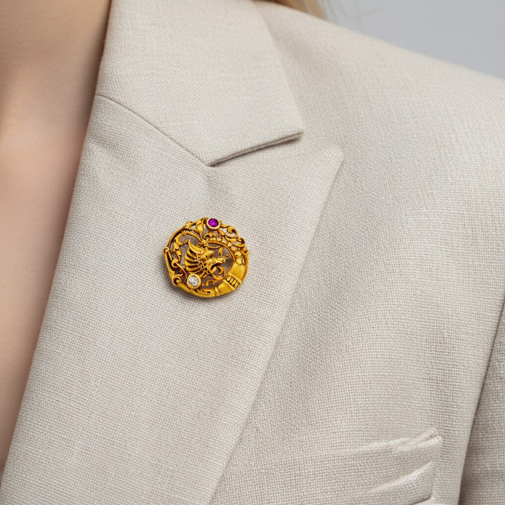 Broche Épingle en or jaune, rubis et diamant