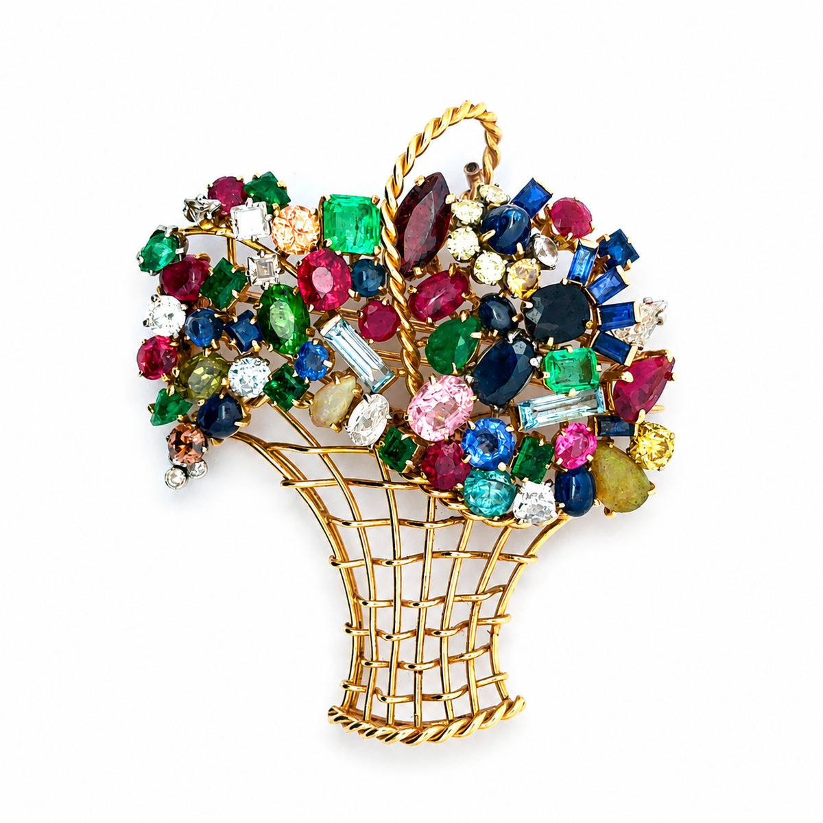Broche en or jaune, rubis, saphirs, émeraudes et diamants