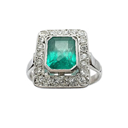 ANILLO ART DÉCO EN ORO BLANCO CON DIAMANTES Y ESMERALDA. - Castafiore