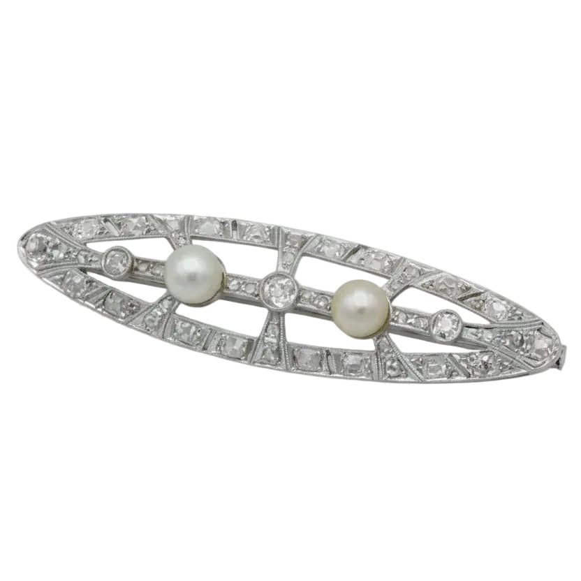Art Déco - Broche Or blanc - Diamants et perles de culture - Castafiore