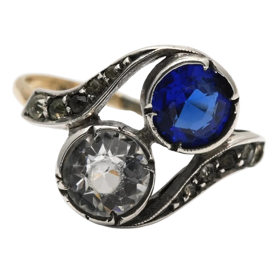 Bague Toi & Moi en or jaune, argent, saphir et strass