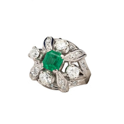 Bague Cocktail en platine, émeraude et diamants