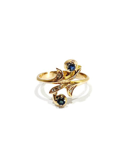 Bague Toi et Moi en or jaune, saphir, et diamants