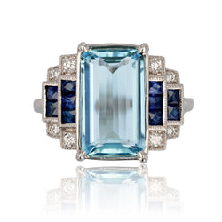 Bague aigue - marine saphirs et diamants style art déco - Castafiore
