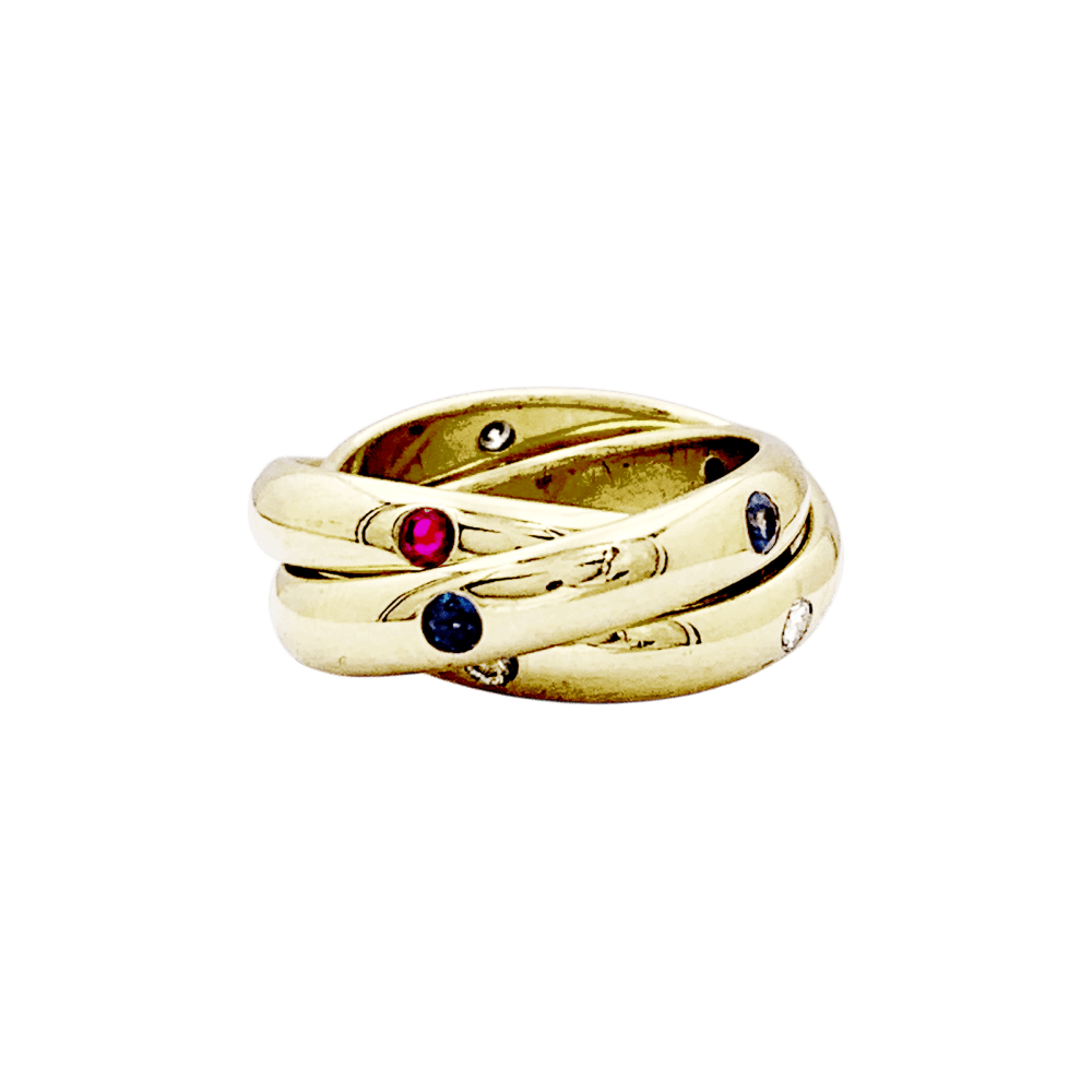 Bague Alliance CARTIER "Constellation" en or jaune, saphirs, rubis et diamants - Castafiore