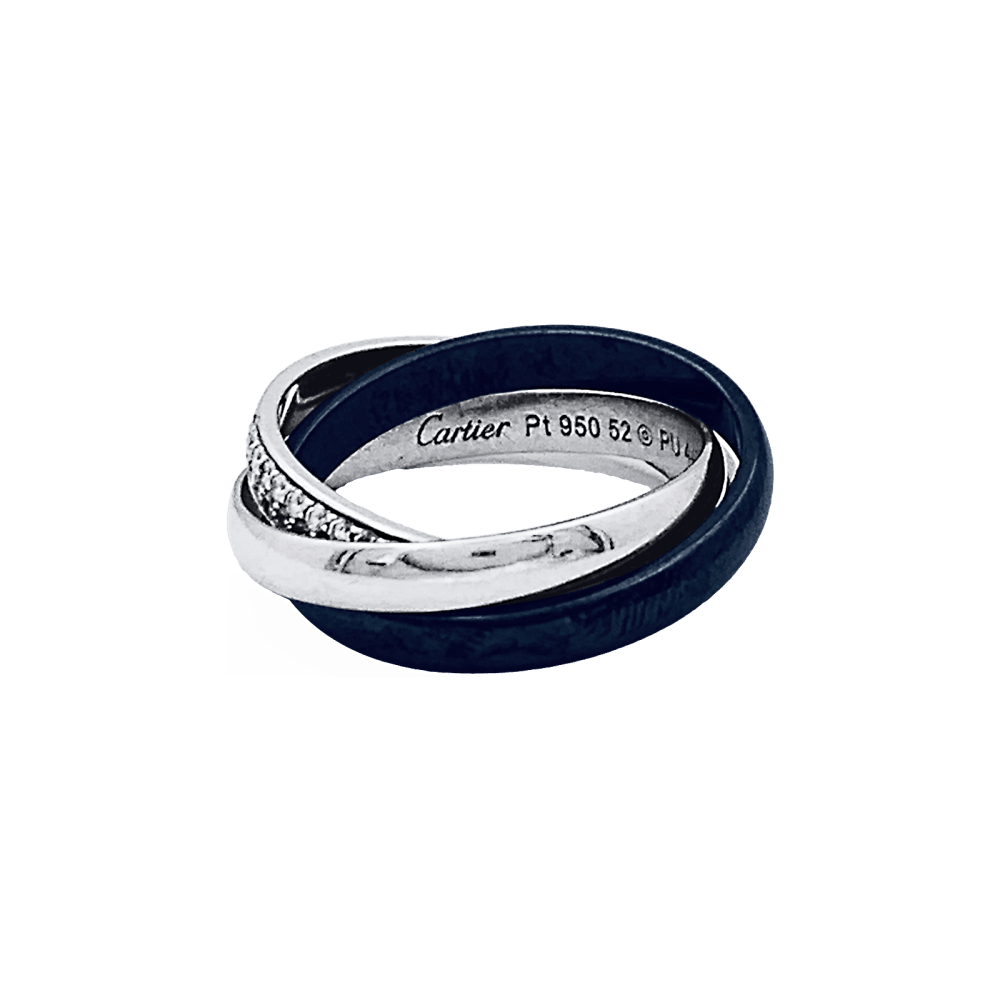 Bague Alliance CARTIER "Trinity" en or blanc, platine, céramique et diamants - Castafiore