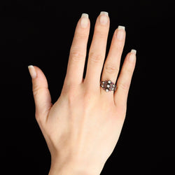 Bague ancienne 3 anneaux en or rose et argent avec perles fines et rubis - Castafiore