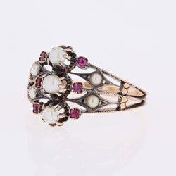 Bague ancienne 3 anneaux en or rose et argent avec perles fines et rubis - Castafiore