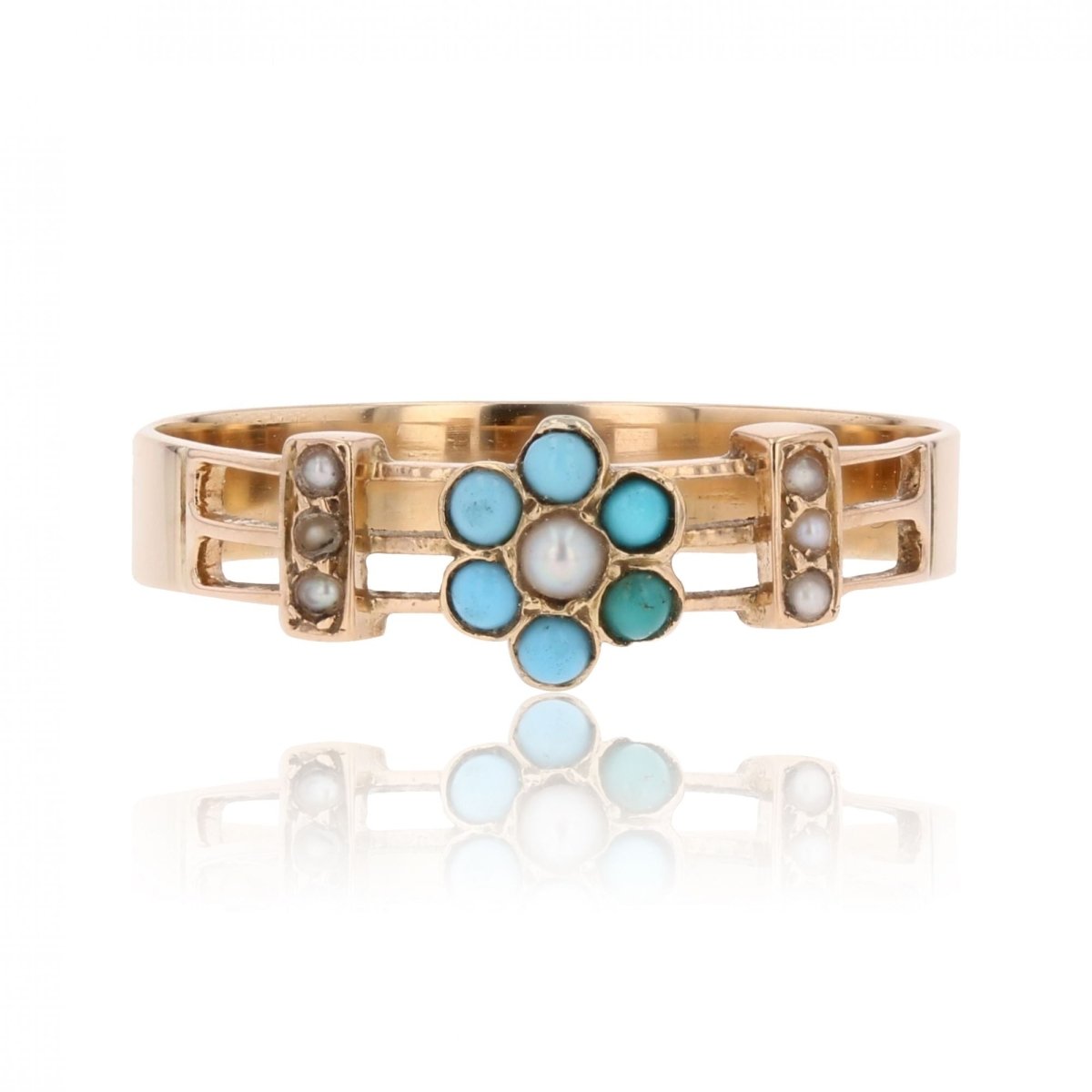 Bague ANCIENNE Ajourée fleur en or rose perles fines et turquoises - Castafiore