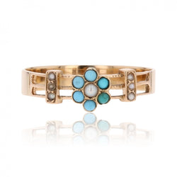 Bague ANCIENNE Ajourée fleur en or rose perles fines et turquoises - Castafiore