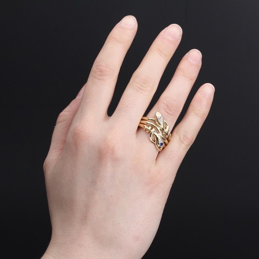 Bague ancienne d'homme serpents saphir diamant - Castafiore