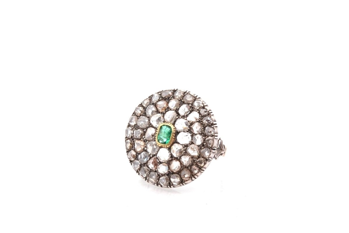 Bague ancienne en or et argent avec émeraude et roses de diamants - Castafiore