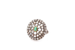 Bague ancienne en or et argent avec émeraude et roses de diamants - Castafiore