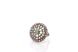 Bague ancienne en or et argent avec émeraude et roses de diamants - Castafiore