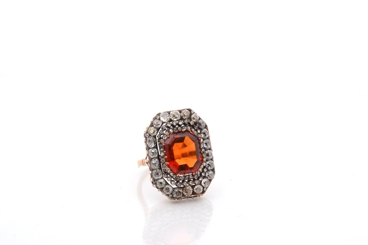 Bague ancienne en or jaune et argent avec citrine et diamants - Castafiore