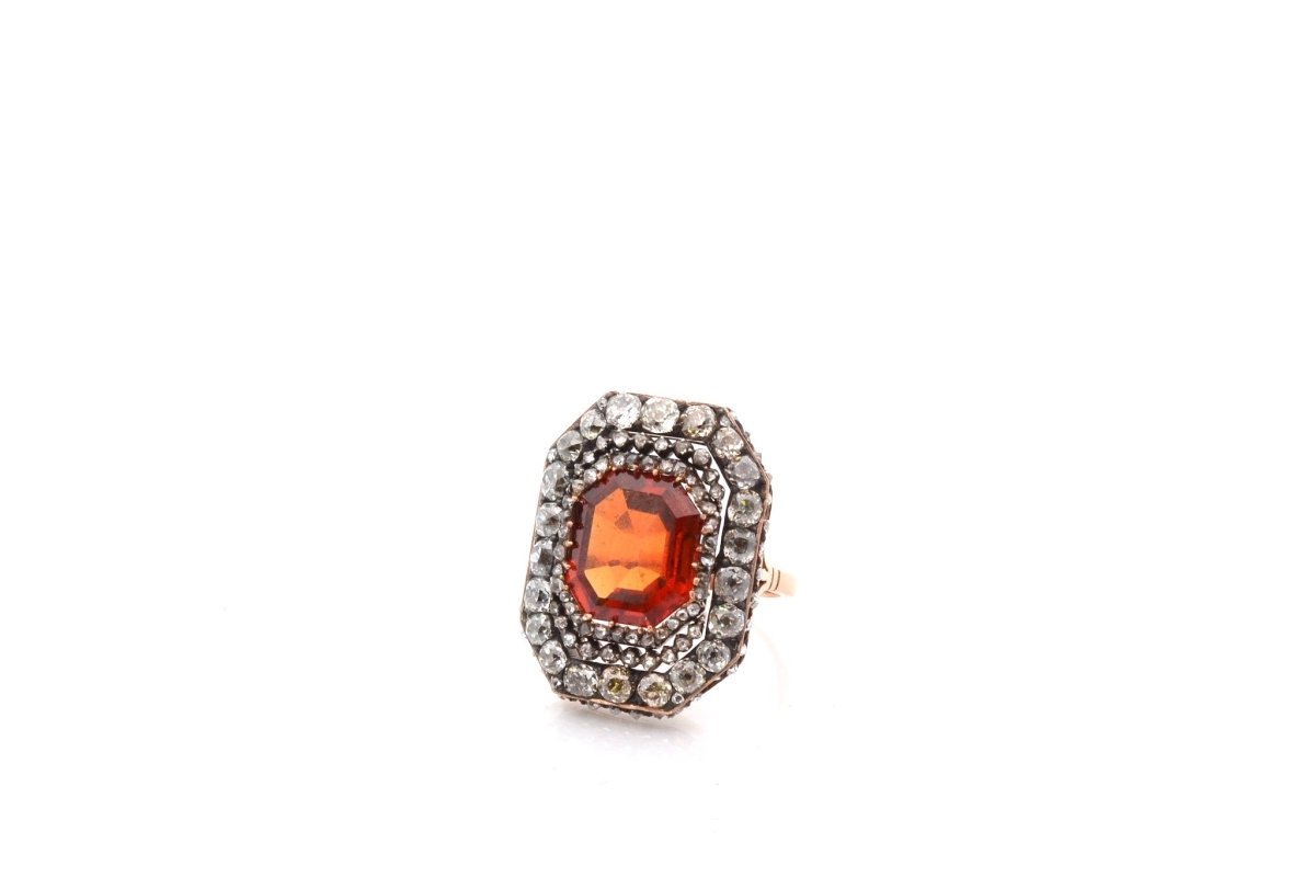Bague ancienne en or jaune et argent avec citrine et diamants - Castafiore