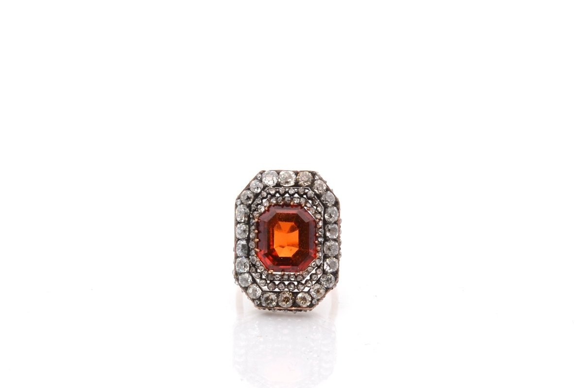 Bague ancienne en or jaune et argent avec citrine et diamants - Castafiore