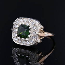 Bague ancienne en or jaune et argent avec péridot et diamants - Castafiore