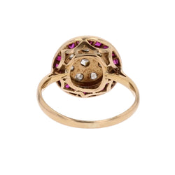 Bague ancienne ronde diamants taillés en rose et rubis calibrés - Castafiore