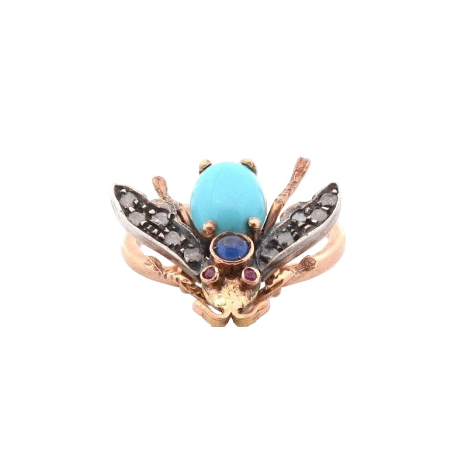 Bague ANCIENNE Turquoise et pierres précieuses en or jaune - Castafiore