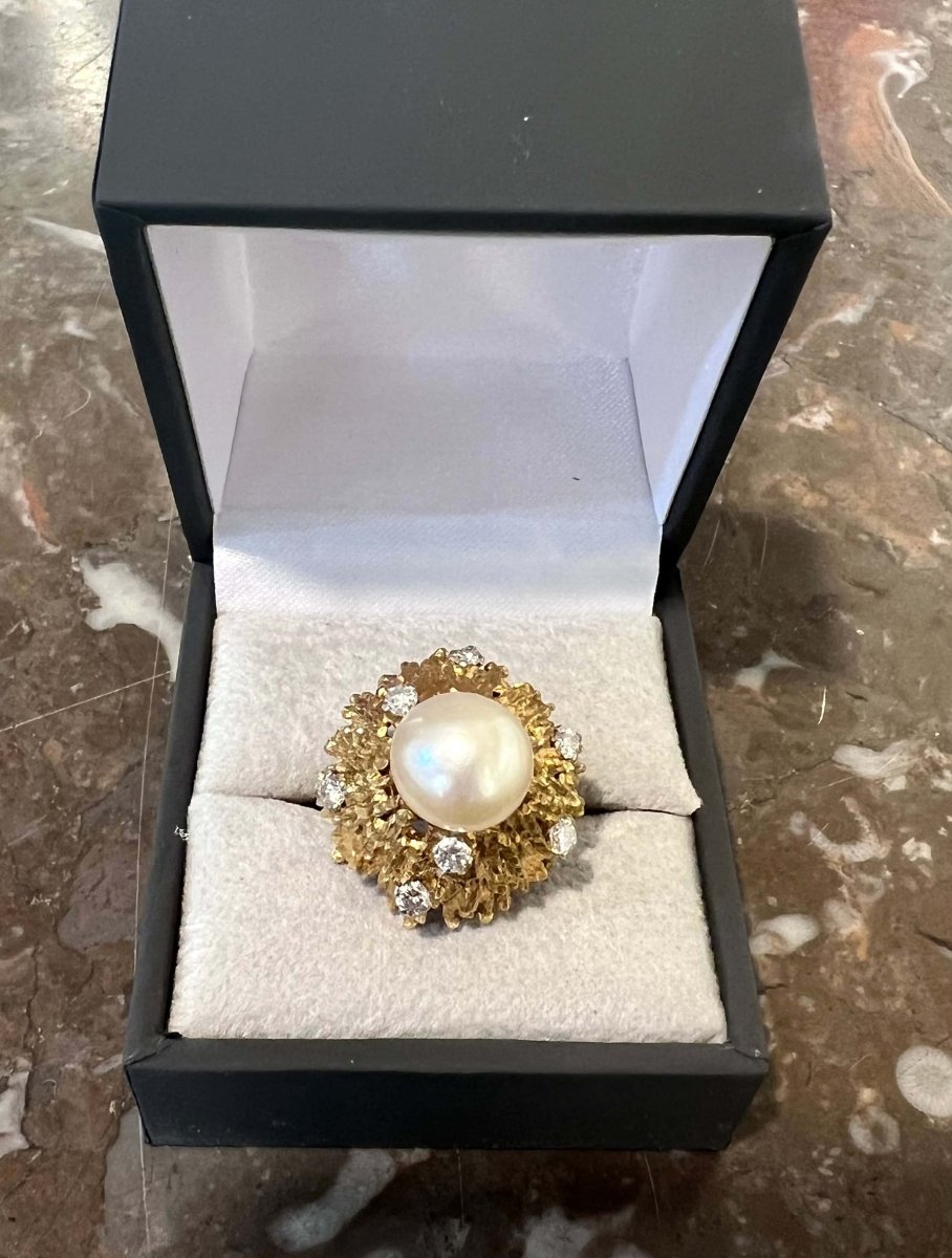 Bague Andrew Grima Perle Diamants Or Jaune 18 Carats - Castafiore