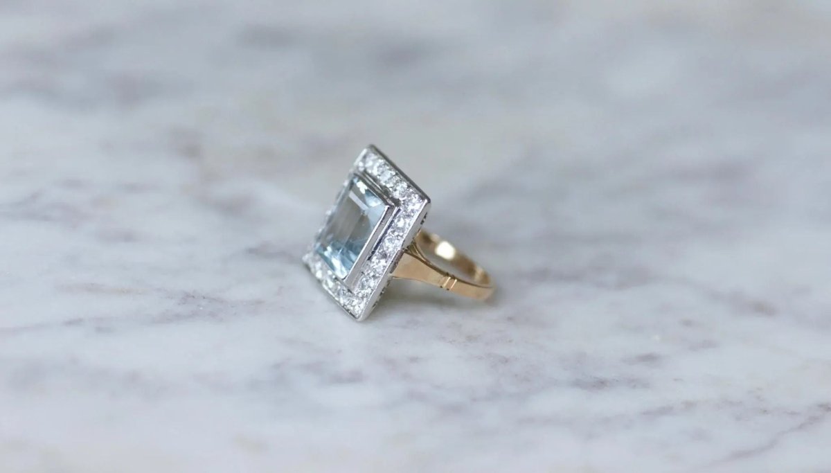 Bague Art Déco Aigue - Marine et Diamants - Castafiore
