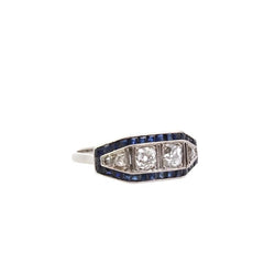 Bague art déco diamants et saphirs calibrés en or et platine - Castafiore