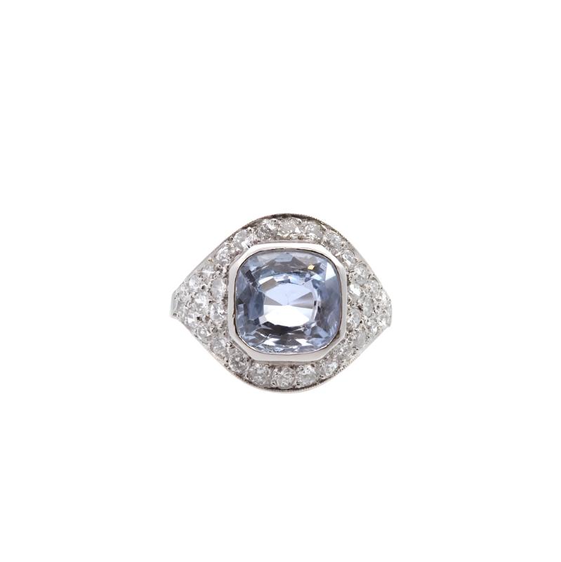 Bague art déco d'occasion saphir de Ceylan et diamants - Castafiore