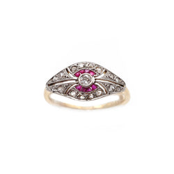 Bague Art Deco en or et platine avec rubis et diamants - Castafiore