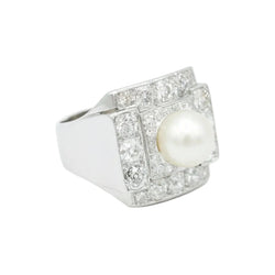 Bague Art Déco en platine, perle de Culture et diamants - Castafiore