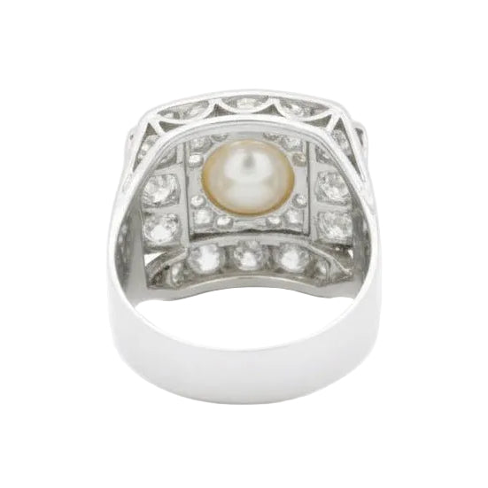 Bague Art Déco en platine, perle de Culture et diamants - Castafiore