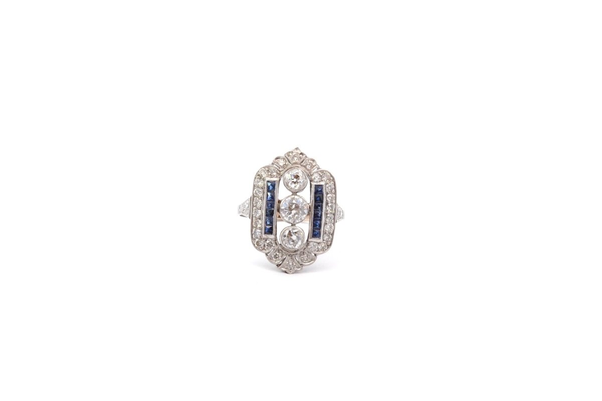 Bague Art déco en platine, saphirs et diamants - Castafiore