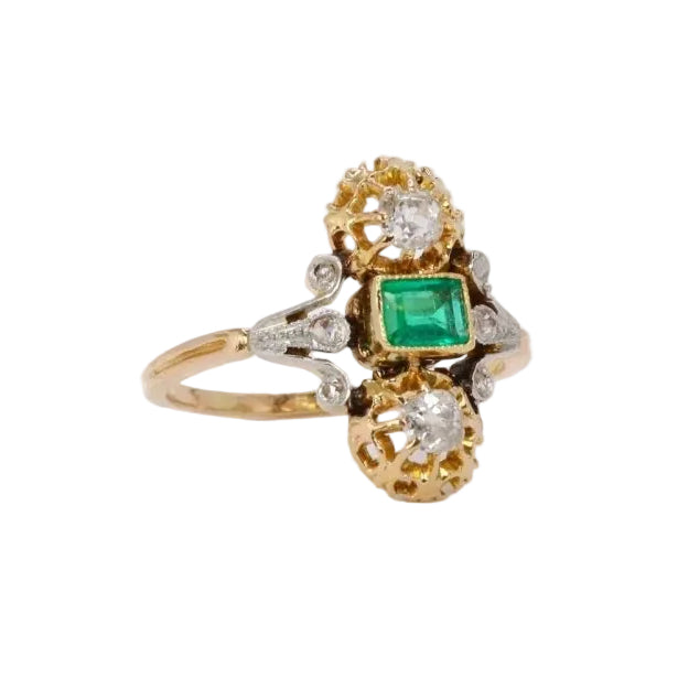 Bague Art Nouveau émeraude diamants - Castafiore