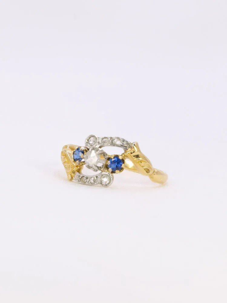 Bague Art Nouveau trilogie or jaune saphir diamants - Castafiore