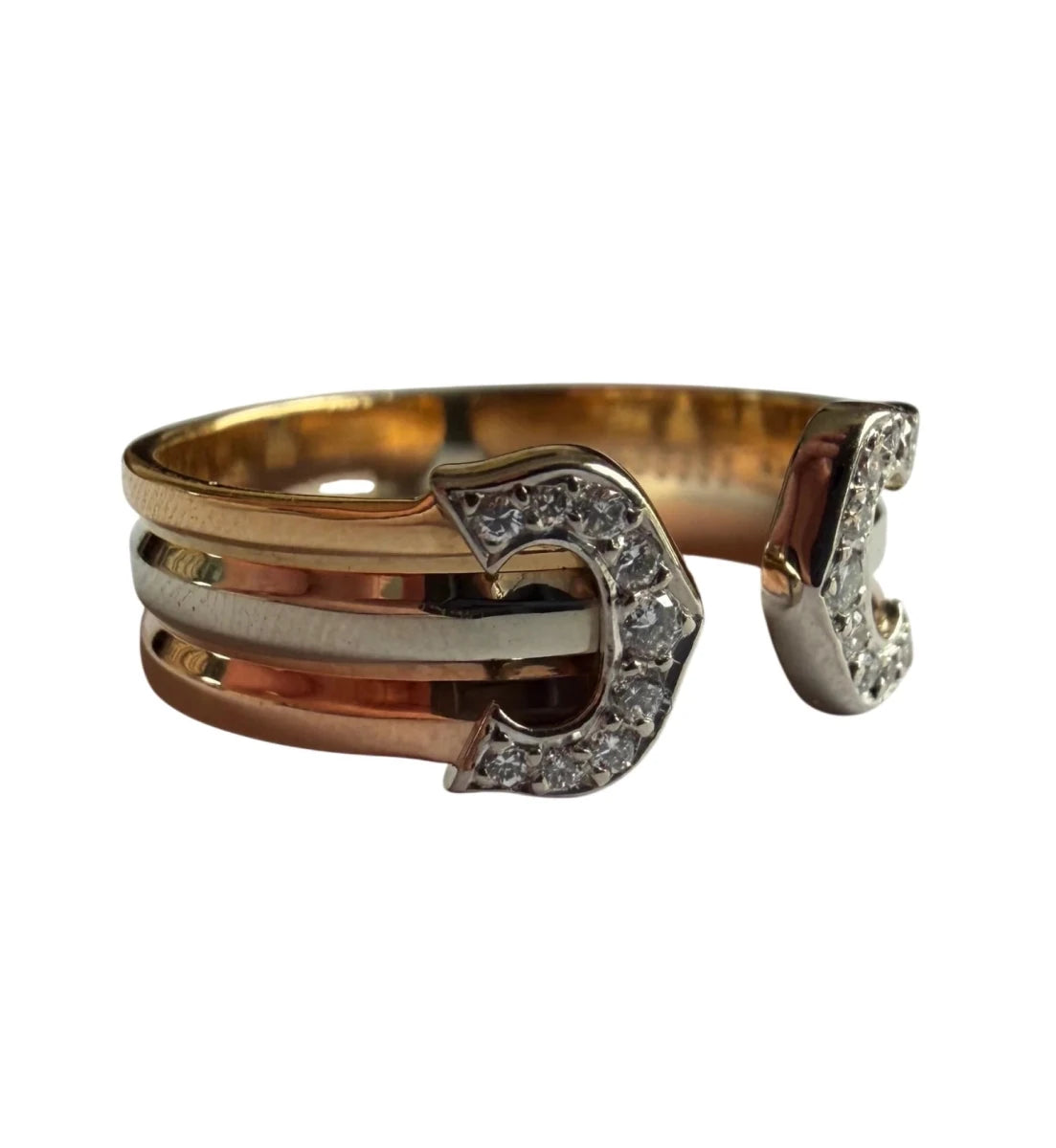 Bague Bandeau CARTIER "C de Cartier" PM en or blanc, or jaune, or rose et diamants - Castafiore