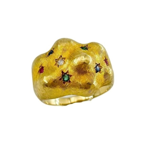 Bague Bandeau en or jaune, émeraudes, rubis, saphirs et diamant - Castafiore