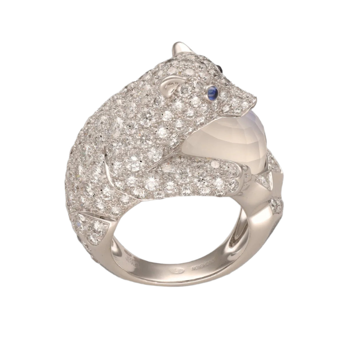 Bague Boucheron " Collection animaux Ours Nanook" de 2021 avec Diamants, pierre de lune en Or gris 18k. Taille 52. Full set - Castafiore