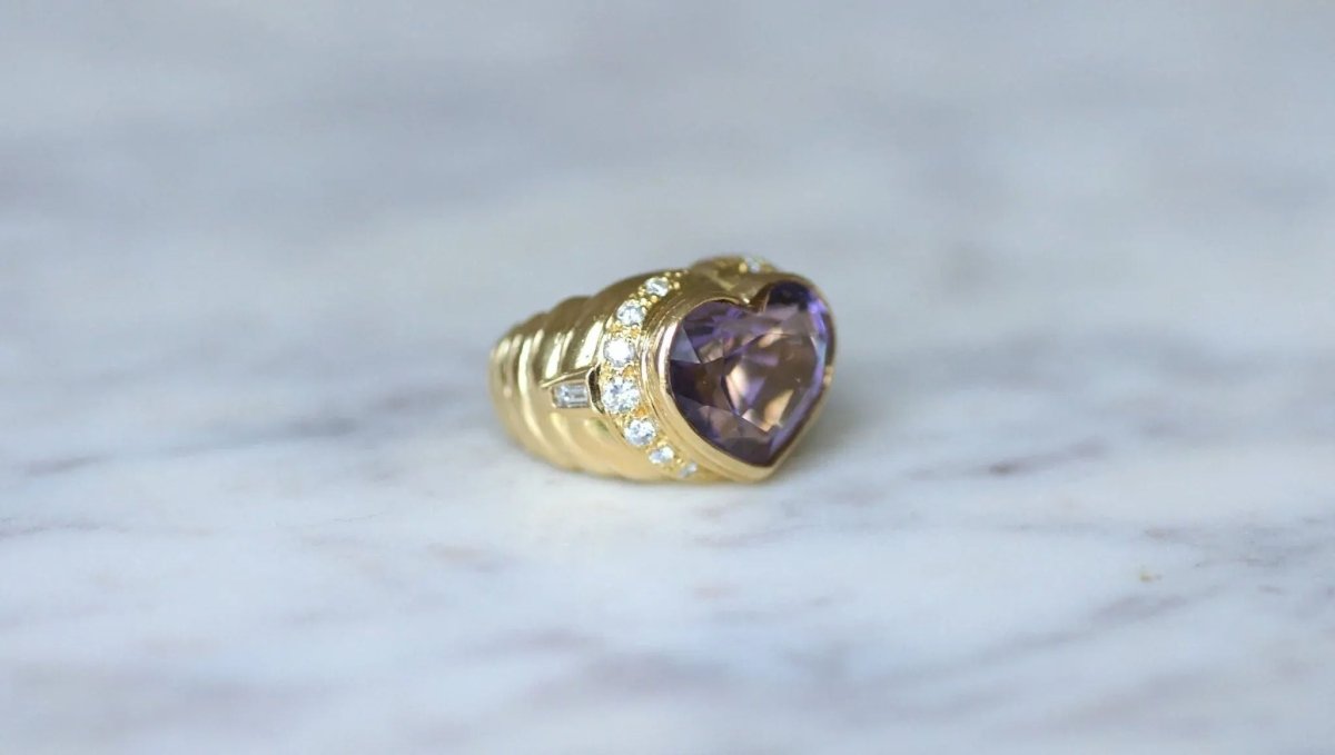 Bague Boule Coeur Améthyste et Diamants sur Or Jaune - Castafiore