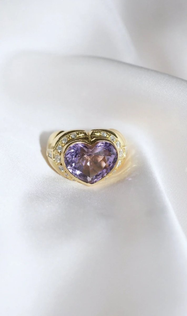 Bague Boule Coeur Améthyste et Diamants sur Or Jaune - Castafiore