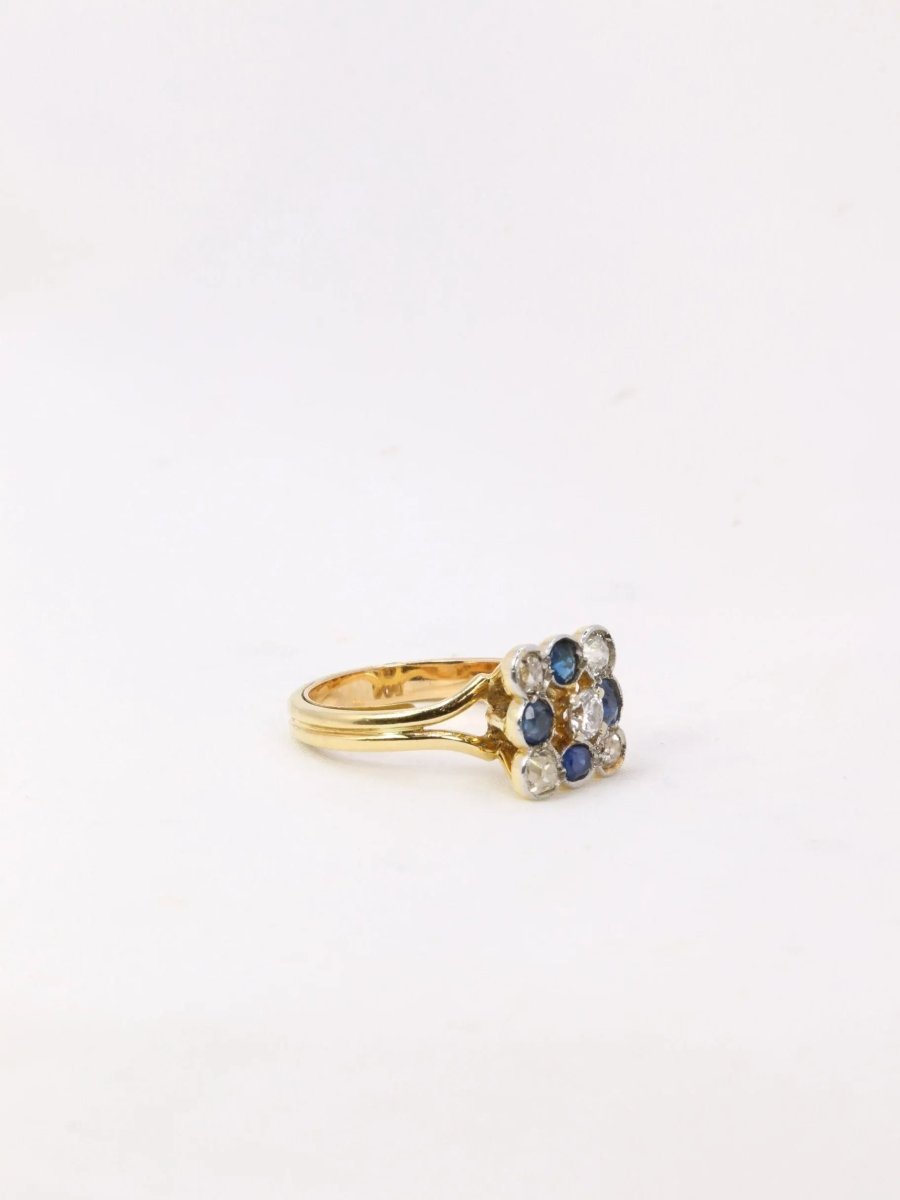 Bague carrée saphirs diamants taille ancienne - Castafiore