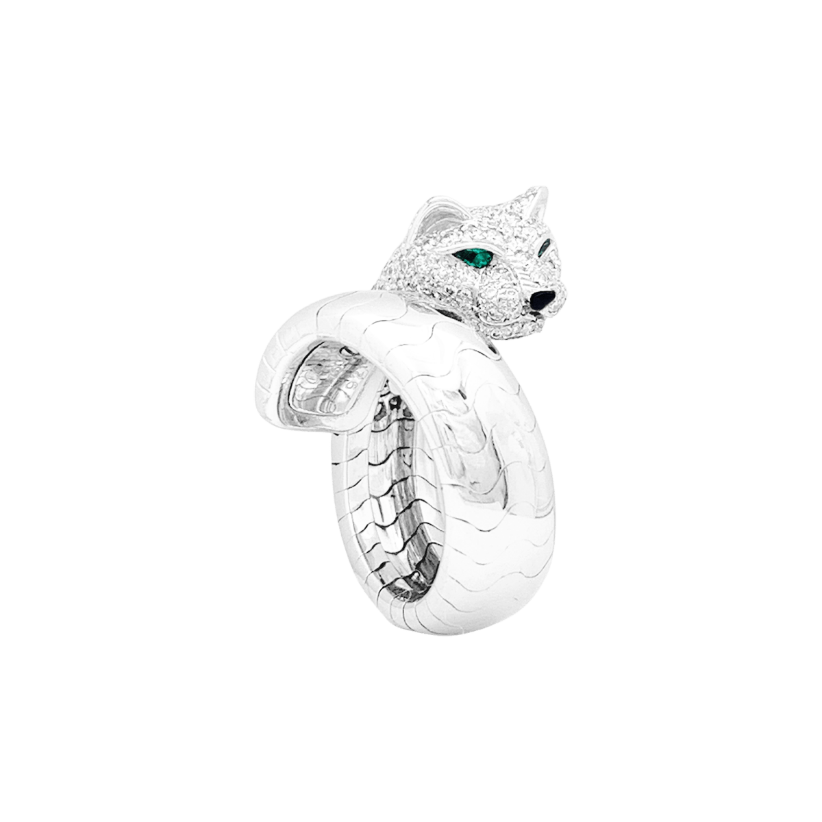 Bague CARTIER "Lakarda" en or blanc, émeraudes, laque et diamants - Castafiore