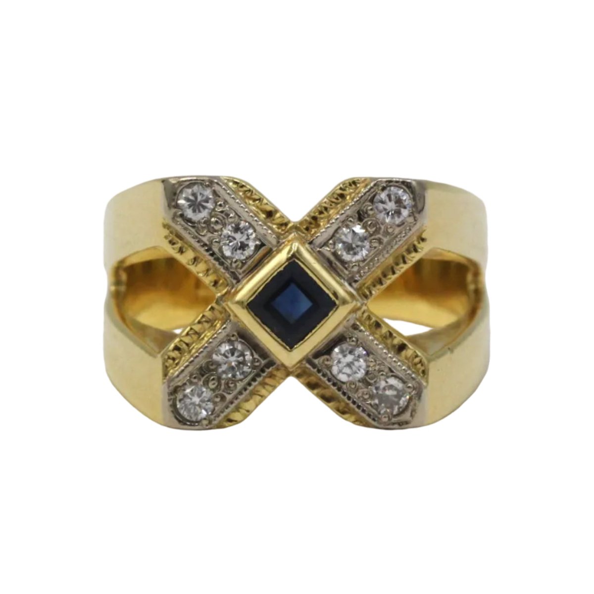 Bague Chevalière en or blanc, or jaune, saphir et diamants