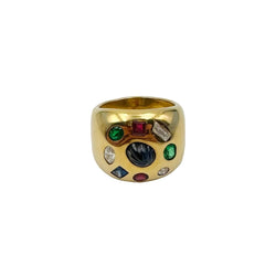 Bague Chevalière en or jaune, émeraudes, rubis, saphirs et diamants - Castafiore