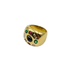 Bague Chevalière en or jaune, émeraudes, rubis, saphirs et diamants - Castafiore