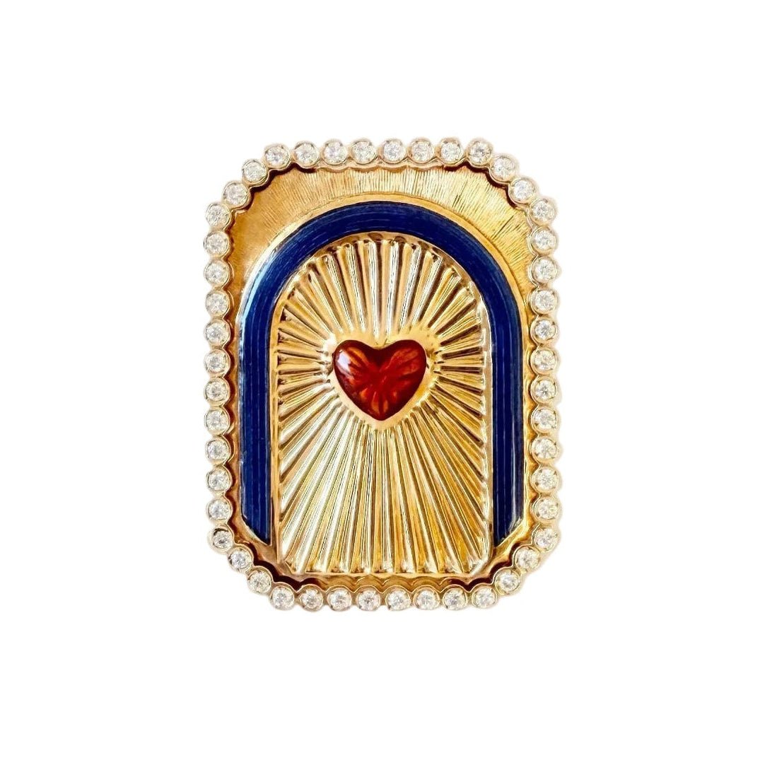 Bague Chevalière MARIE LICHTENBERG "Heart Mini Scap" en or jaune, émail et diamants - Castafiore